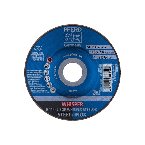 Pferd 4-1/2" x 1/4 Grinding Wheel, 7/8" A.H. - SGP WHISPER STEELOX - Type 27 61582 - main